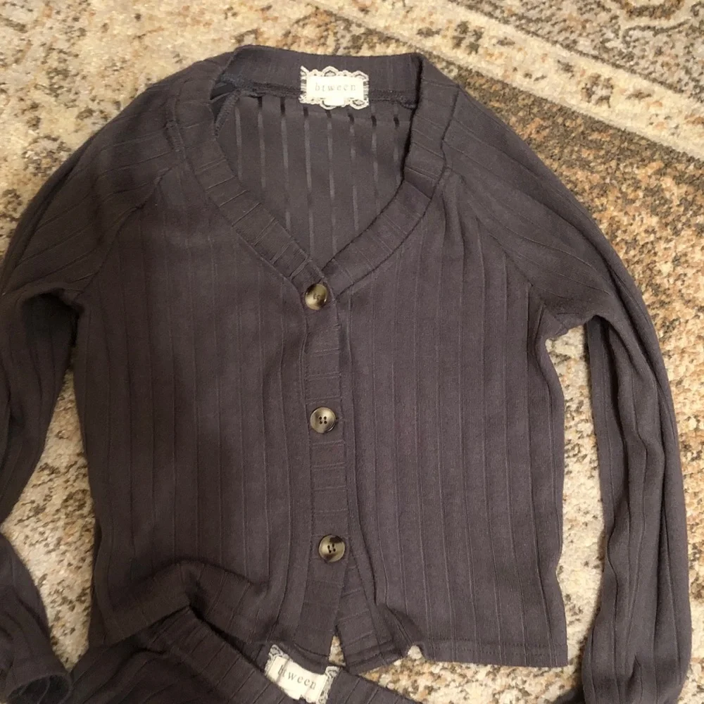 btween  Girls Ribbed Wide-Leg Pant and Button Cardigan Set - Charcoal